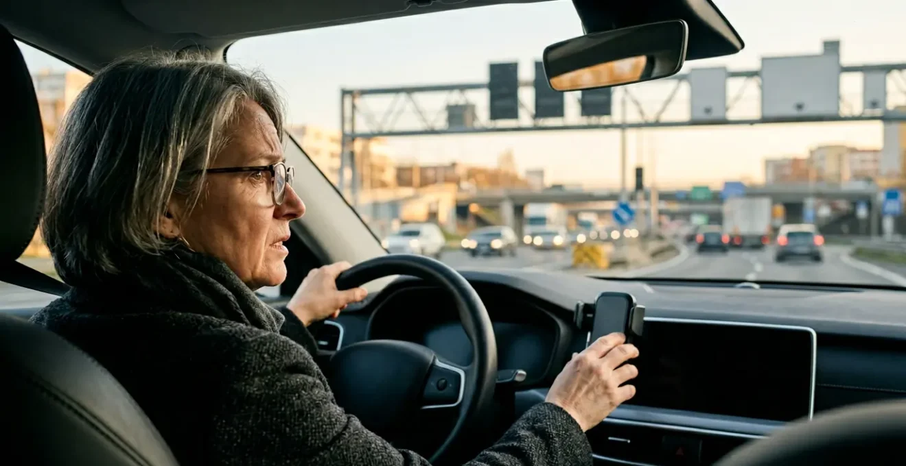 Conducteur expérimenté consultant un panneau de signalisation moderne sur autoroute avec une expression perplexe