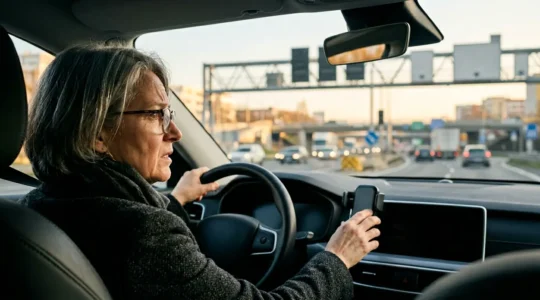 Conducteur expérimenté consultant un panneau de signalisation moderne sur autoroute avec une expression perplexe