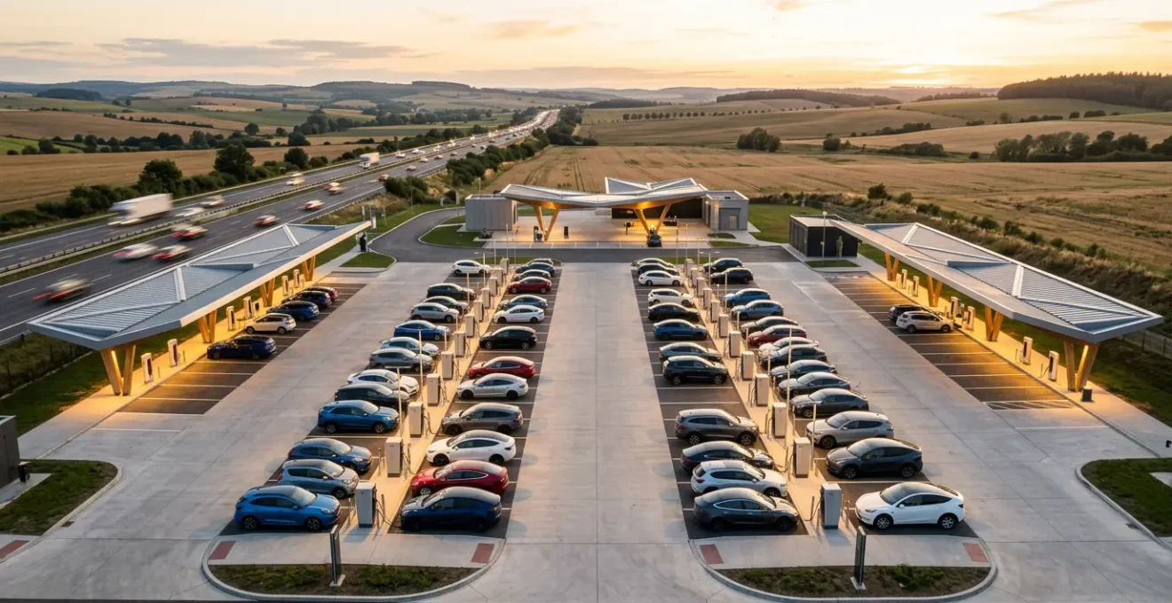 Vue aérienne d'une station de recharge ultra-rapide sur autoroute avec plusieurs véhicules électriques en charge