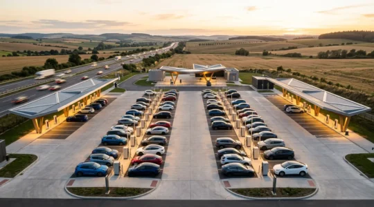 Vue aérienne d'une station de recharge ultra-rapide sur autoroute avec plusieurs véhicules électriques en charge