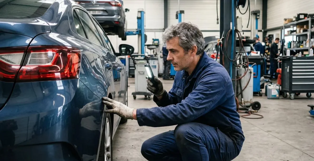 Technicien automobile inspectant une carrosserie dans un atelier de réparation agréé