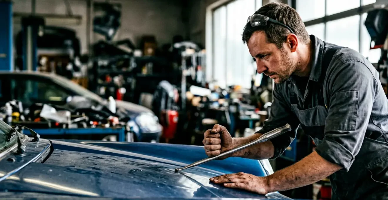 Technicien expert travaillant sur le débosselage sans peinture d'une carrosserie automobile