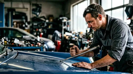Technicien expert travaillant sur le débosselage sans peinture d'une carrosserie automobile