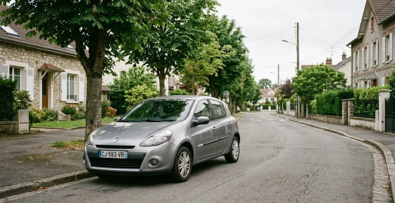 Véhicule compact d'occasion de plus de 10 ans stationné dans une rue résidentielle française