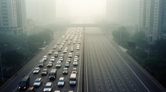 Vue en perspective d'une autoroute urbaine lors d'un pic de pollution montrant le contraste entre véhicules autorisés et interdits