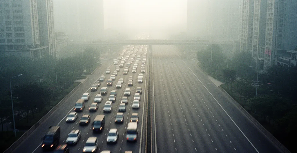 Vue en perspective d'une autoroute urbaine lors d'un pic de pollution montrant le contraste entre véhicules autorisés et interdits