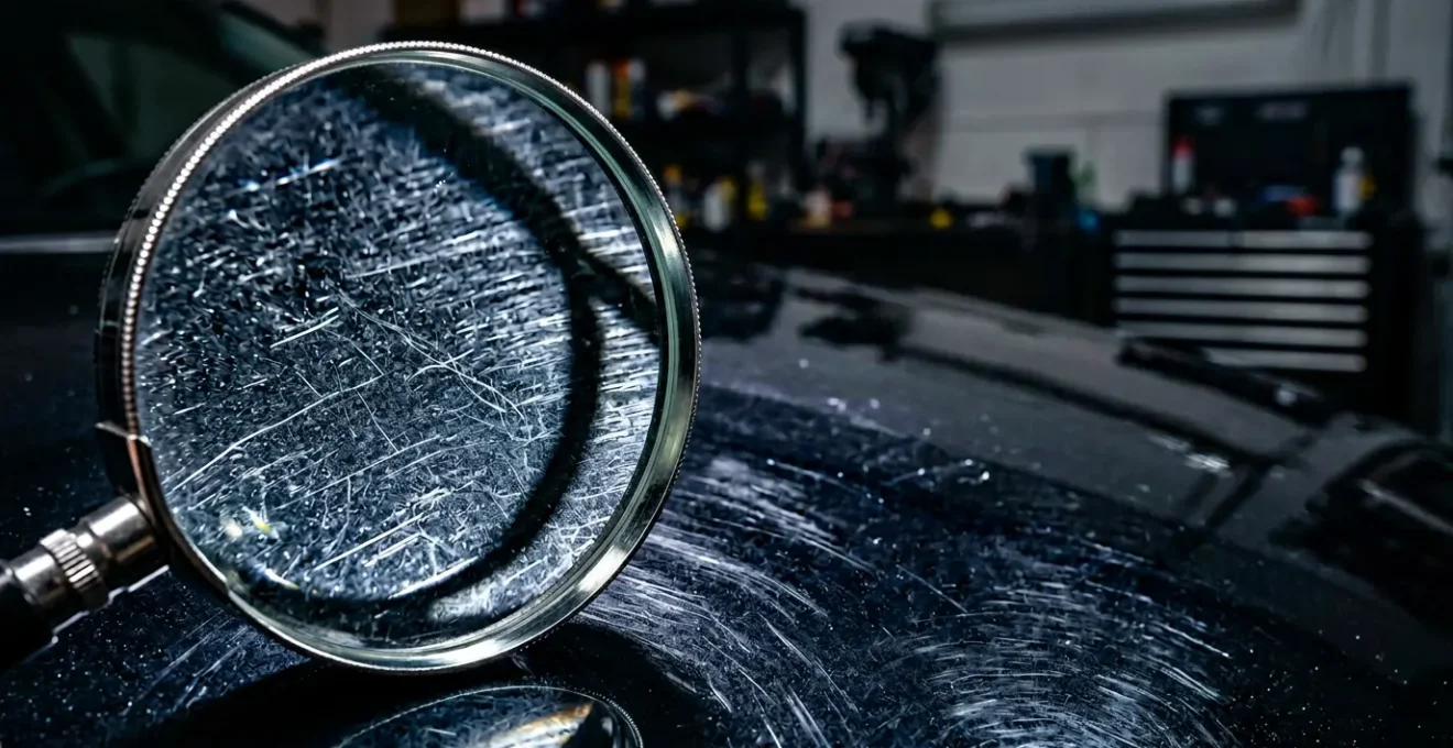 Gros plan sur la carrosserie d'une voiture en inspection avec loupe et détails