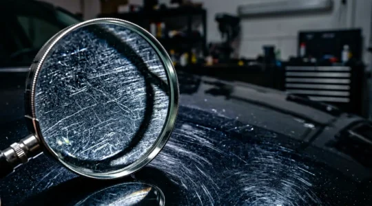 Gros plan sur la carrosserie d'une voiture en inspection avec loupe et détails