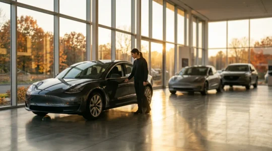 Scène de négociation automobile avec calendrier saisonnier et courbes de prix