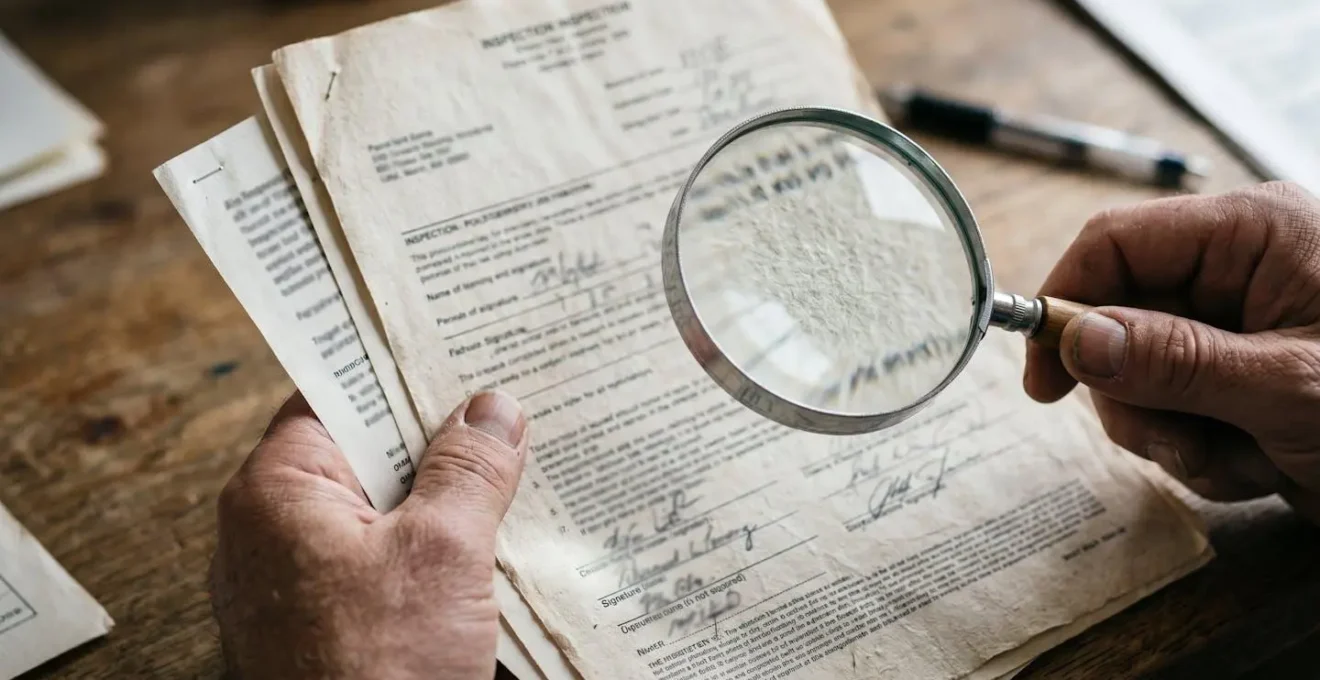 Main examinant des documents de contrôle technique avec une loupe sur une table