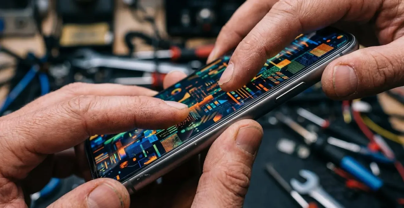 Mains tenant un smartphone affichant une interface de suivi d'entretien véhicule avec graphiques
