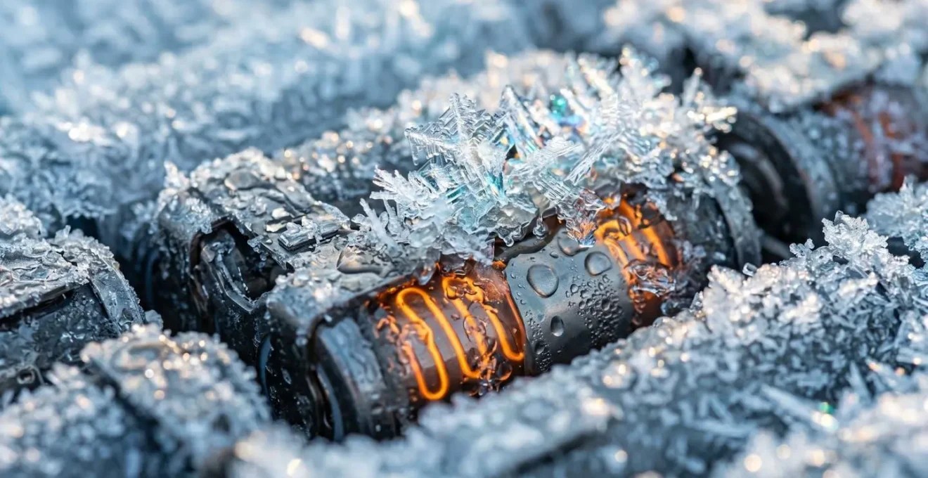 Gros plan sur une batterie de voiture électrique avec effet de gel et cristaux de glace
