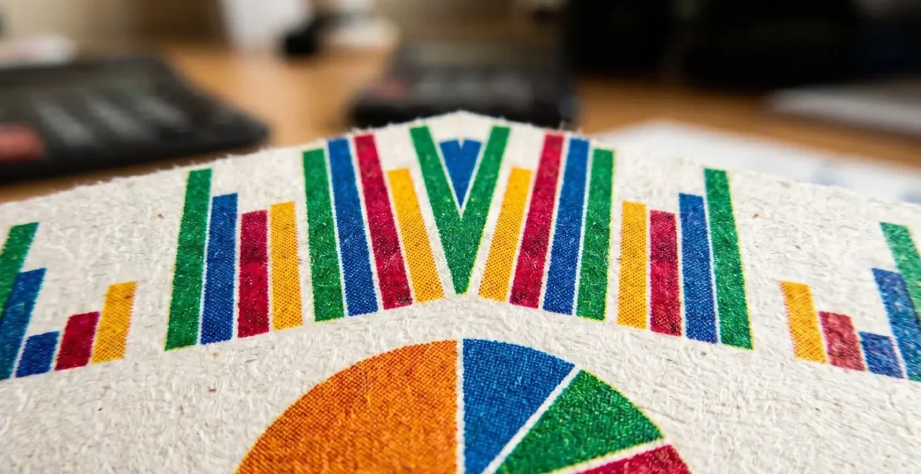 Vue macro de graphiques financiers colorés avec calculatrice floue