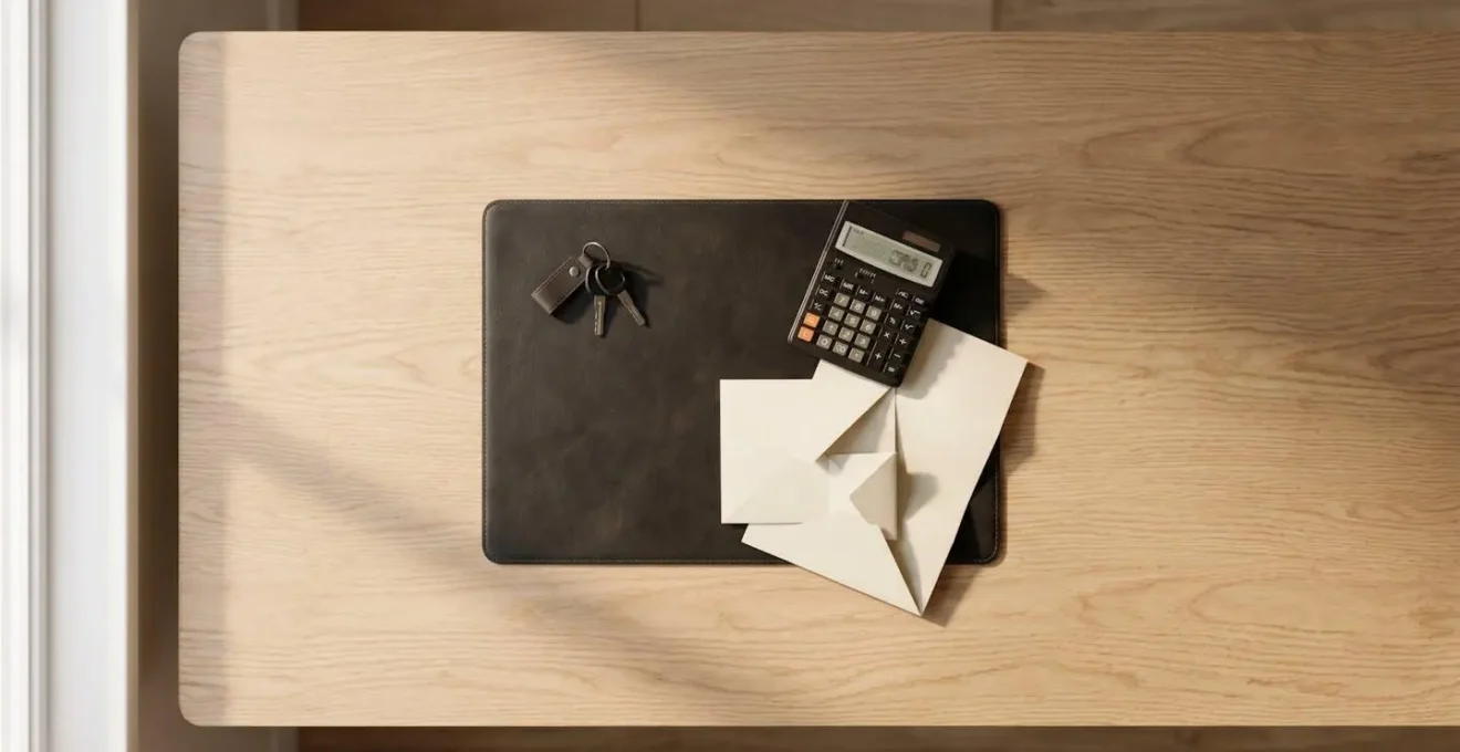 Vue aérienne de documents financiers avec calculatrice et clés de voiture