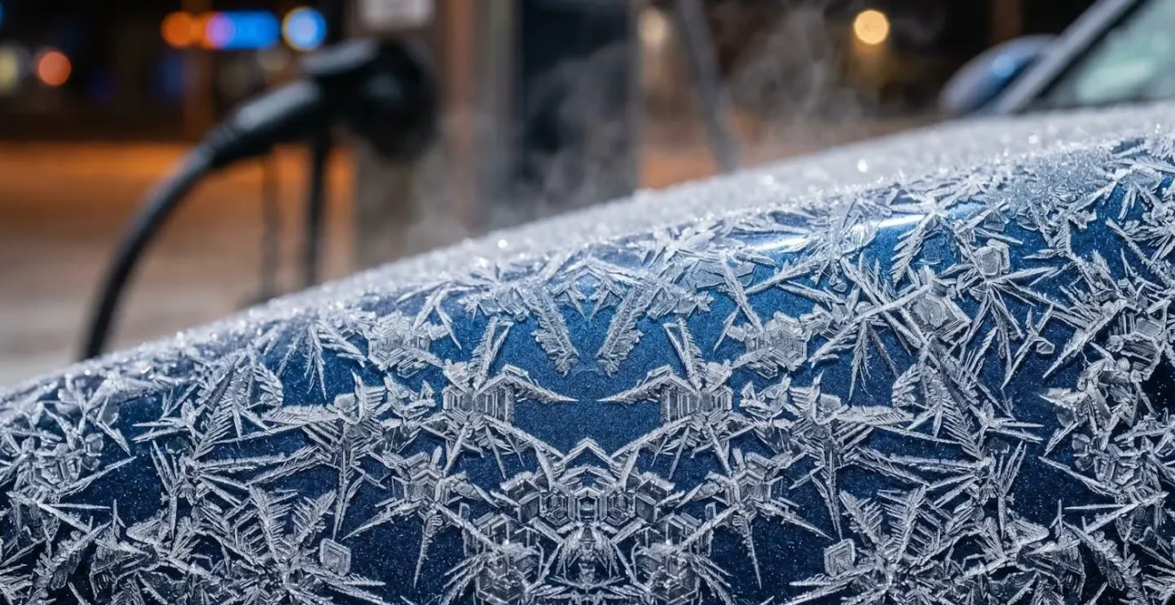 Vue macro de cristaux de givre sur une carrosserie de voiture électrique en charge