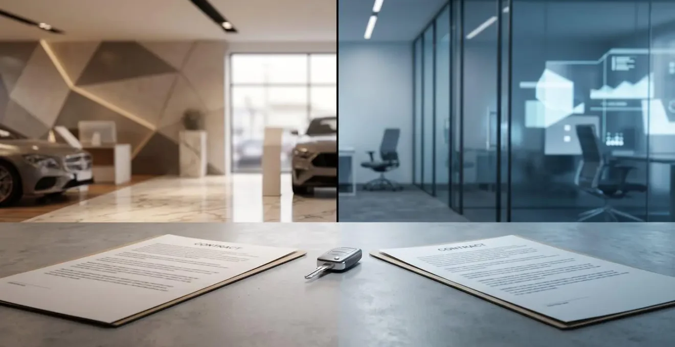 Bureau moderne avec documents contractuels et clés de voiture, symbolisant le choix entre mandataire et concessionnaire