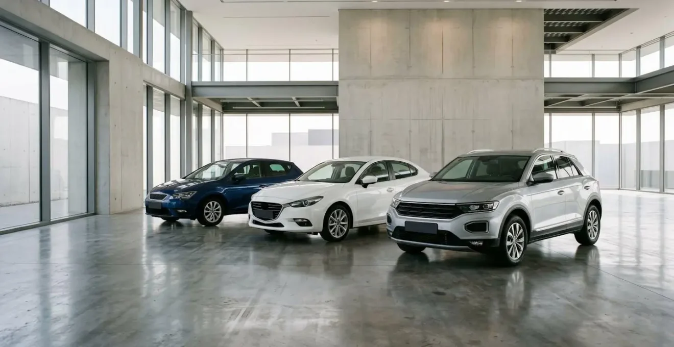 Alignement de voitures compactes dans un showroom moderne avec éclairage professionnel