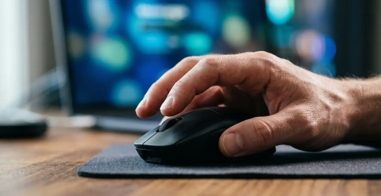 Main sur une souris d'ordinateur avec écran flou en arrière-plan montrant une interface de connexion
