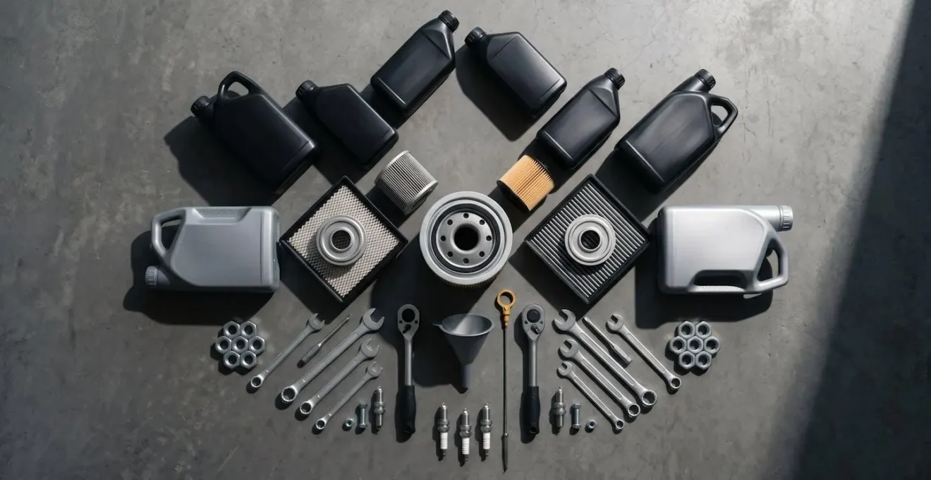 Vue aérienne de consommables automobiles organisés sur établi de garage