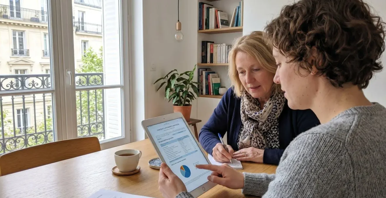 Un couple vu de profil consulte ensemble un comparateur d'assurance sur une tablette dans un salon moderne et lumineux