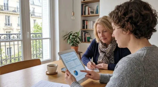 Un couple vu de profil consulte ensemble un comparateur d'assurance sur une tablette dans un salon moderne et lumineux