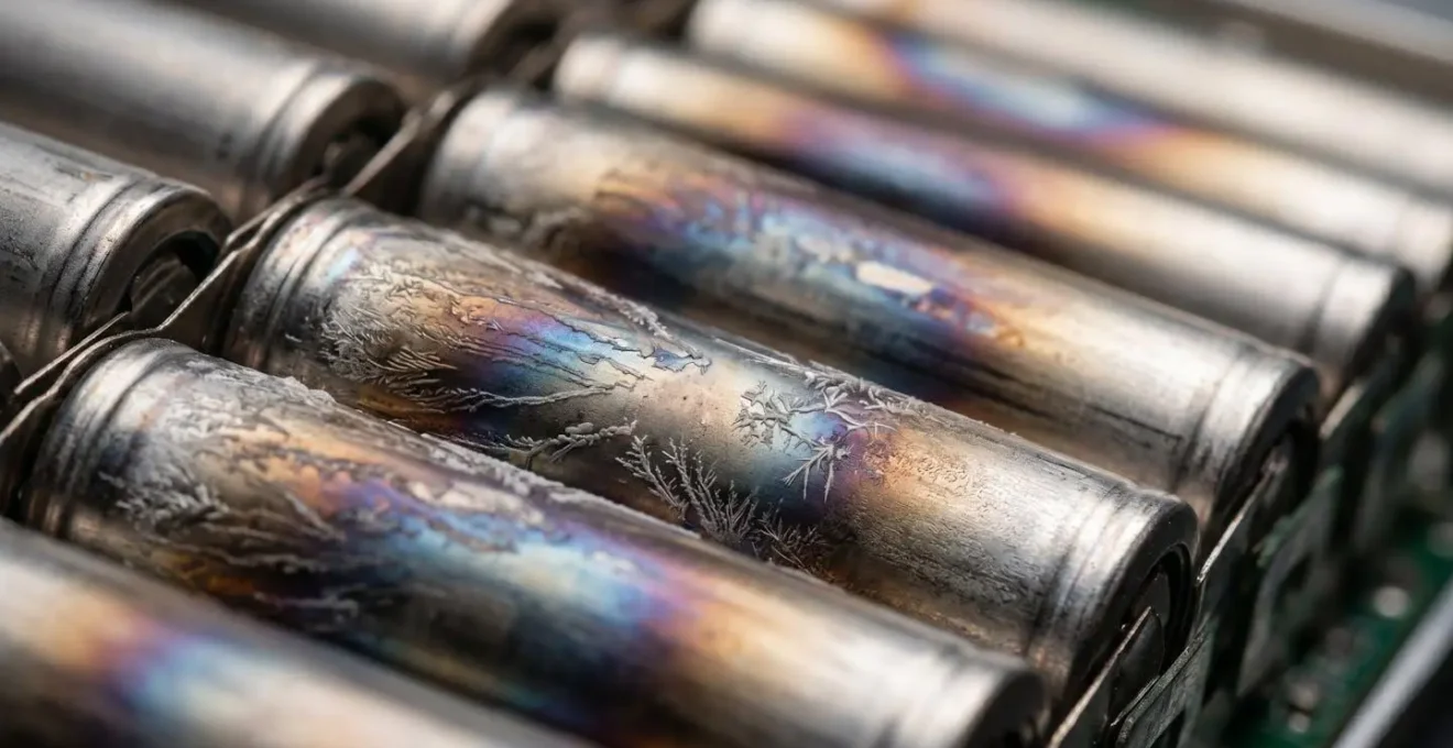 Vue macro de cellules de batterie lithium-ion avec effet de chaleur visible