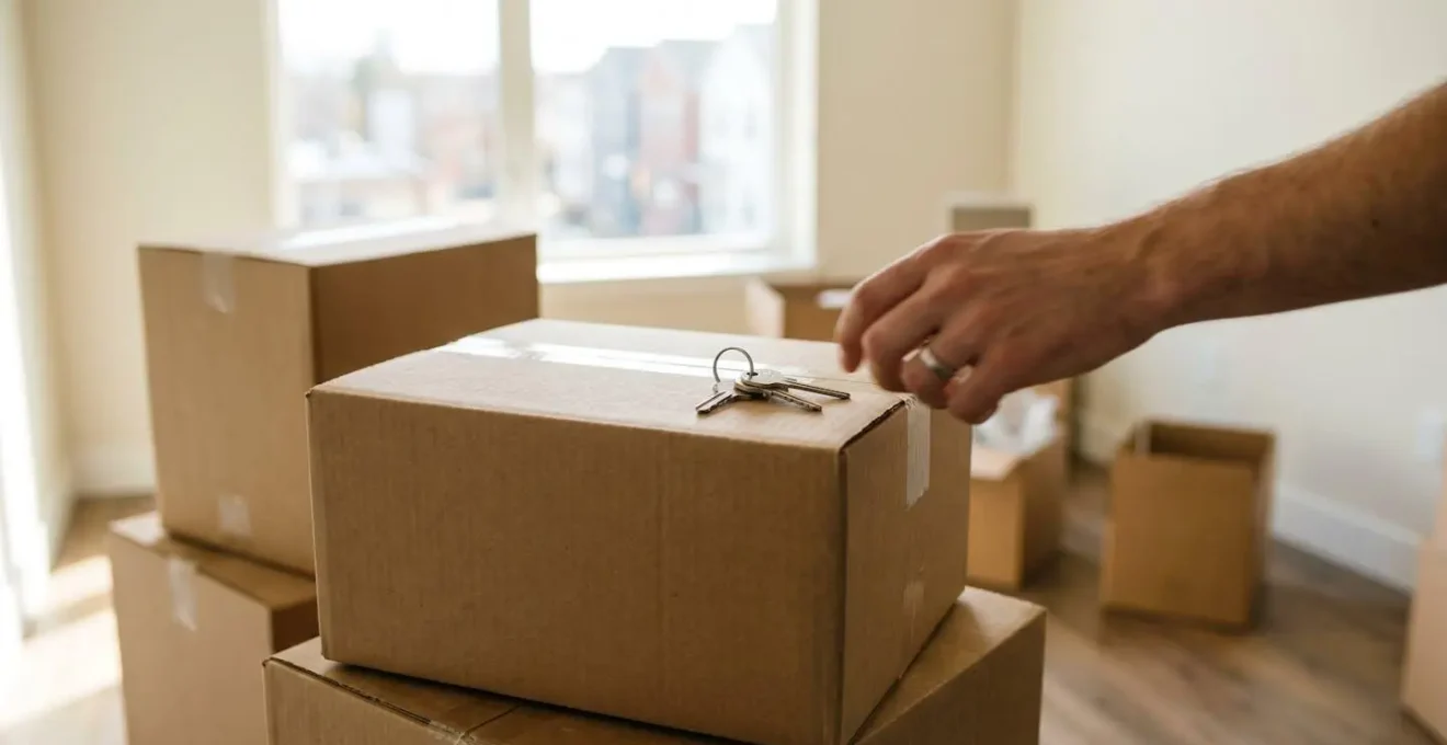 Cartons de déménagement avec des clés de voiture posées dessus dans un nouvel appartement lumineux