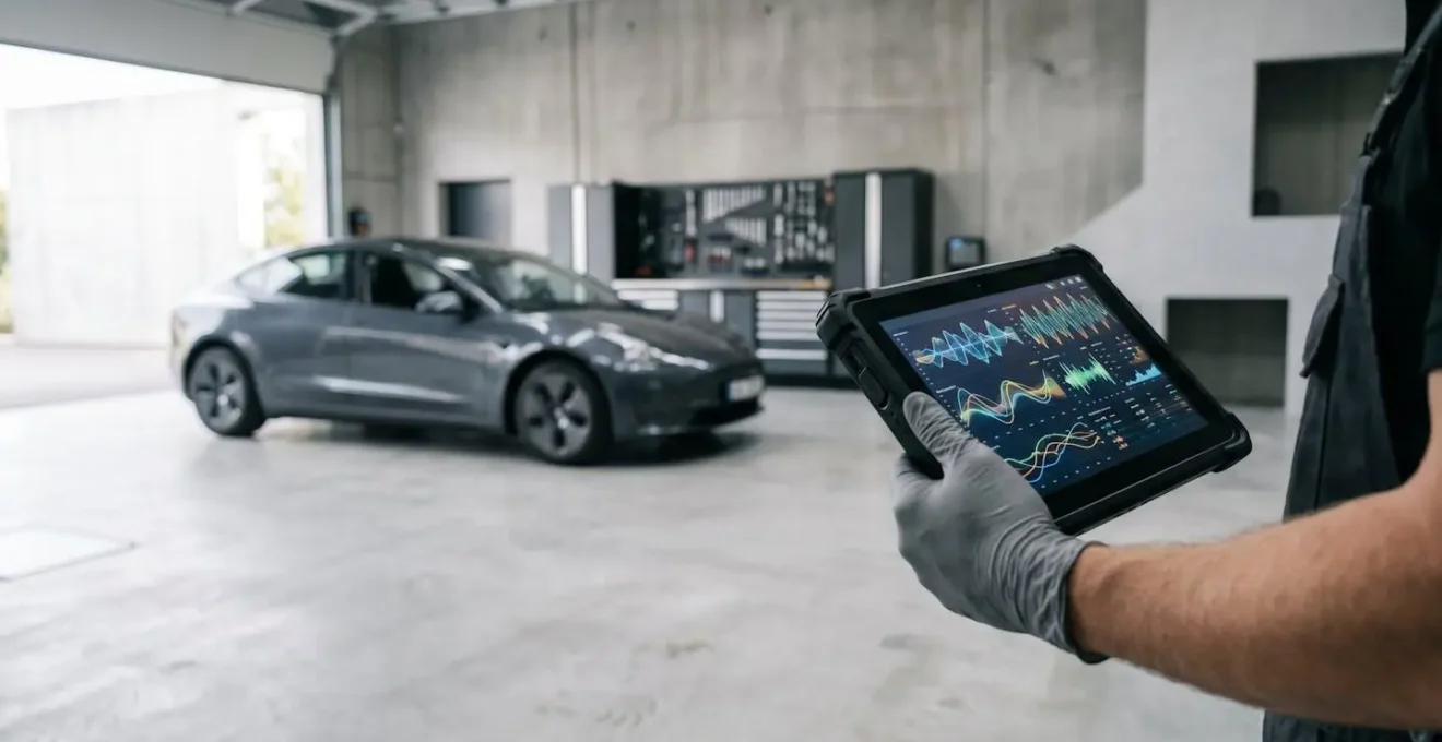 Main tenant une tablette affichant des graphiques de données moteur en temps réel