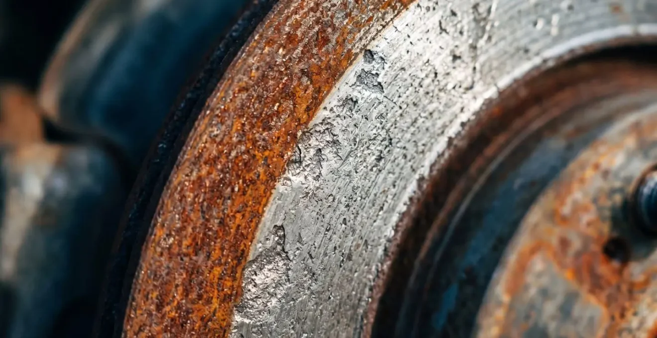 Vue rapprochée d'un disque de frein montrant la différence entre une partie propre et une partie avec traces de rouille superficielle