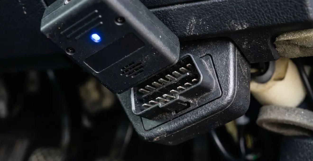 Gros plan sur un scanner OBD2 Bluetooth connecté sous le tableau de bord d'un véhicule
