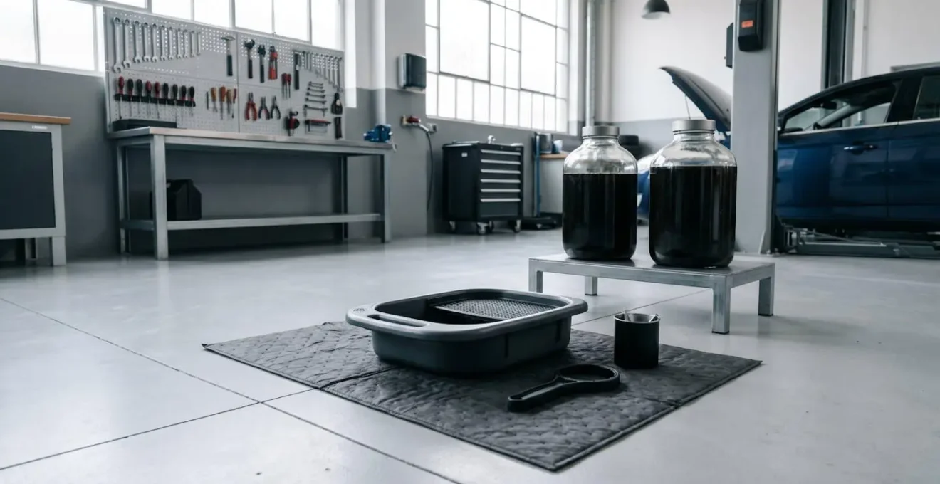 Kit de vidange professionnel disposé méthodiquement sur un établi d'atelier
