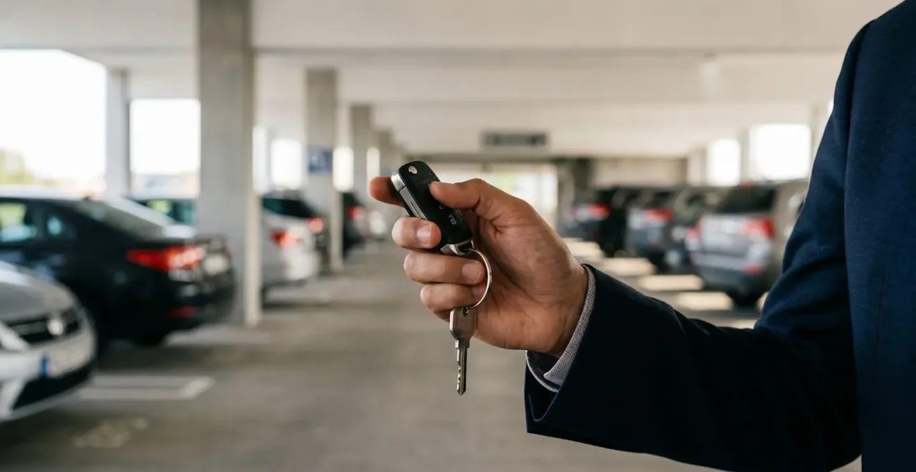Main tenant des clés de voiture dans un parking d'entreprise moderne avec véhicules flous en arrière-plan