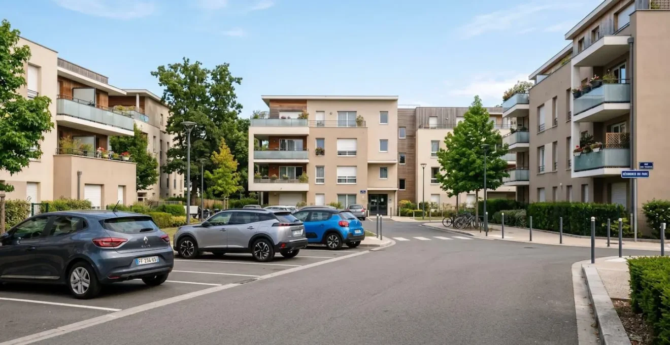 Vue en plongée d'un parking résidentiel calme en zone périurbaine avec quelques véhicules garés espacés, architecture moderne et lumière douce de fin de journée