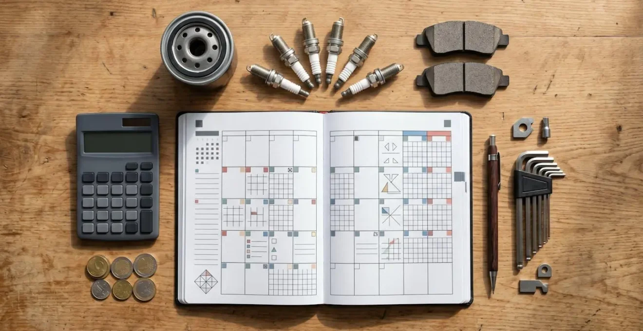 Vue aérienne d'un carnet d'entretien automobile avec calendrier et pièces détachées