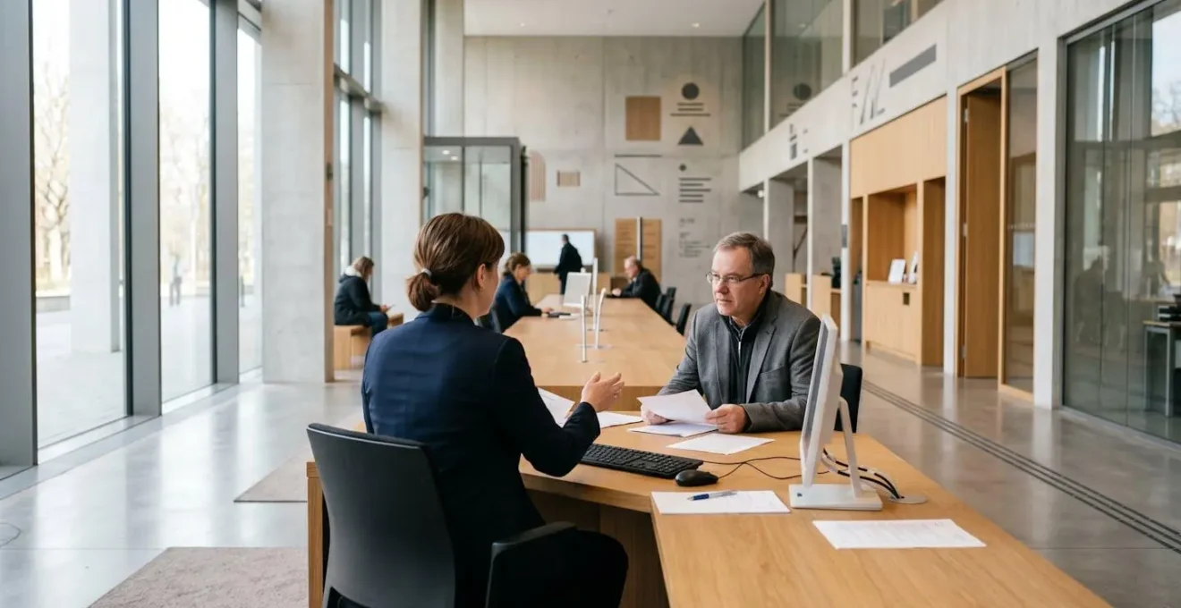 Espace d'accueil numérique en préfecture avec agent accompagnant un usager