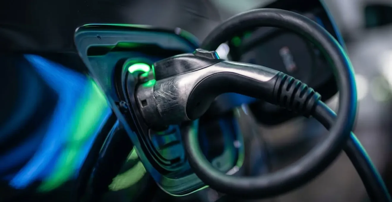 Véhicule électrique en charge, symbolisant les économies et l'optimisation fiscale.