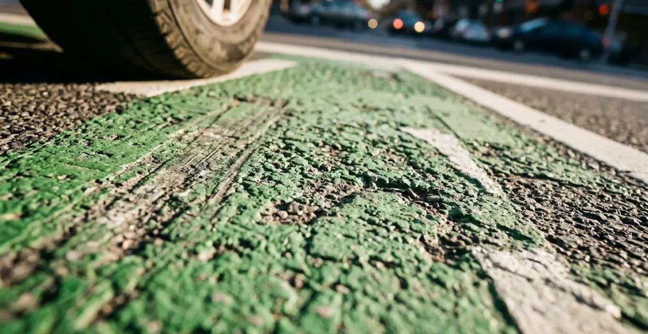 Vue plongeante d'une intersection urbaine avec sas vélo marqué au sol et véhicules positionnés