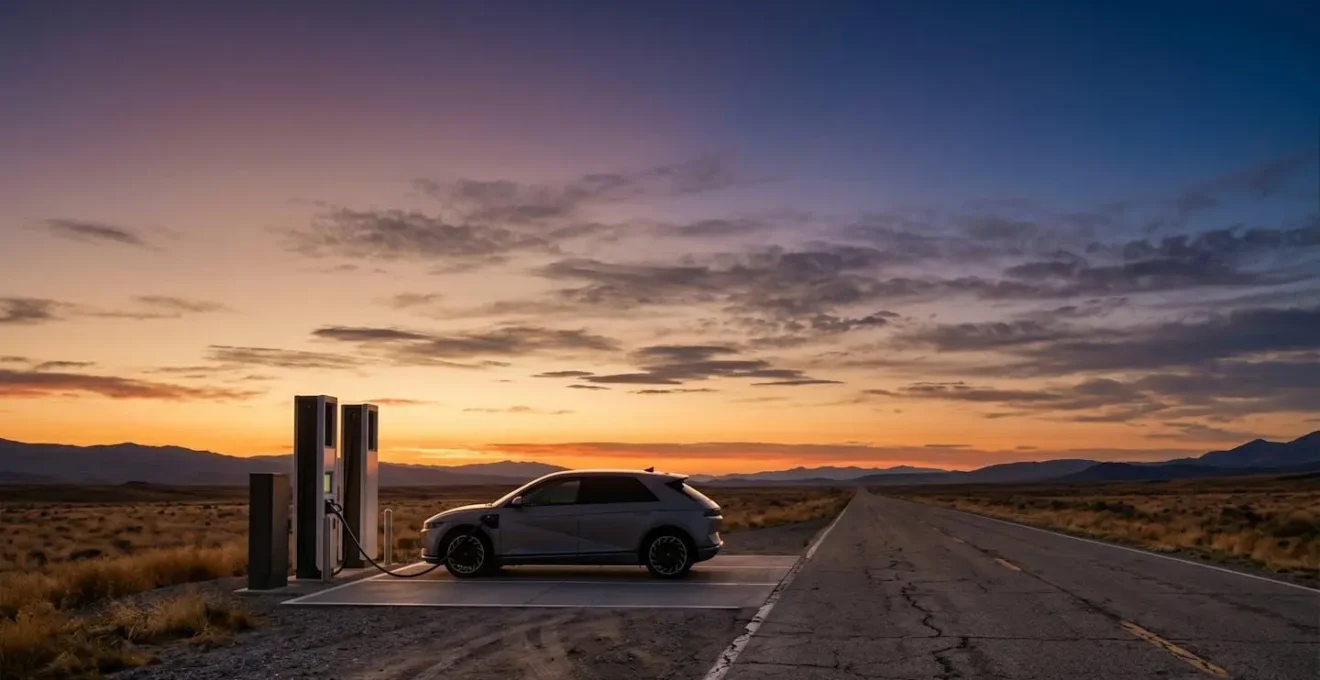 Vue minimaliste d'une station de charge sur autoroute au coucher du soleil