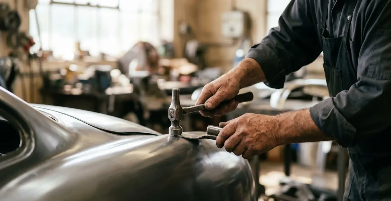 Mains expertes travaillant sur une surface de carrosserie avec outils de débosselage spécialisés
