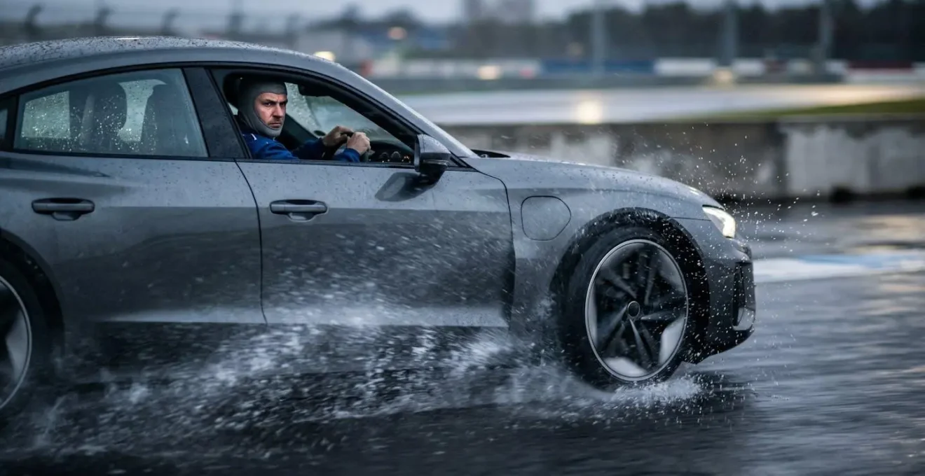 Vue latérale d'une voiture freinant sur route mouillée avec projection d'eau
