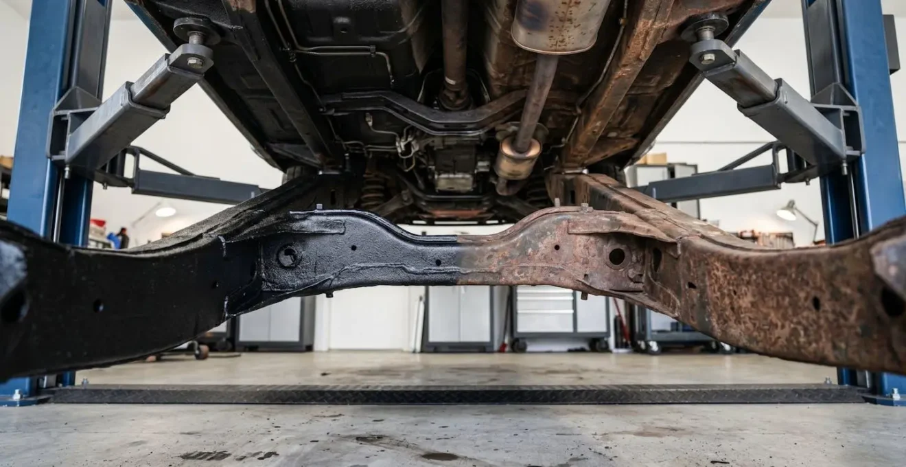 Vue sous une voiture montrant le traitement anticorrosion du châssis avec produit protecteur