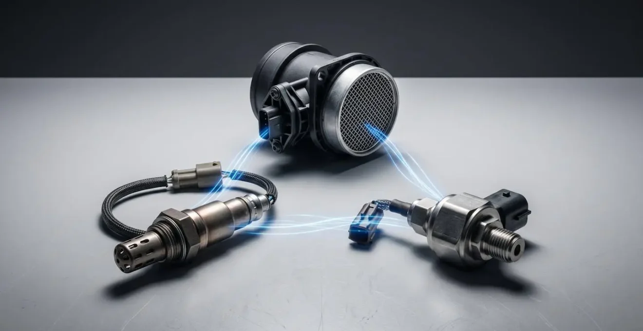 Schéma technique montrant l'interconnexion entre trois capteurs moteur pour le diagnostic triangulé