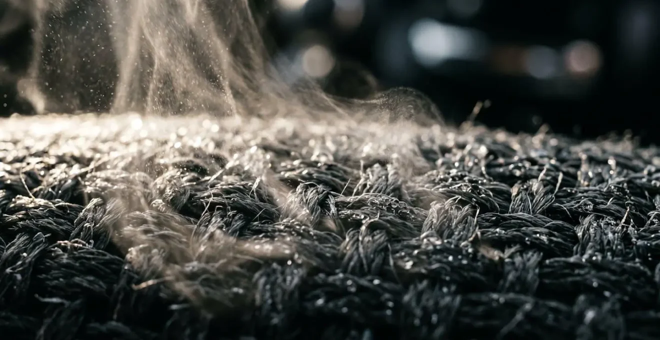 Vue macro de la vapeur sèche désinfectant le tissu d'un siège automobile