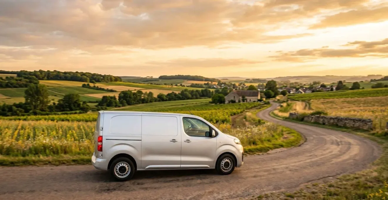 Véhicule utilitaire professionnel moderne circulant sur route de campagne française ensoleillée