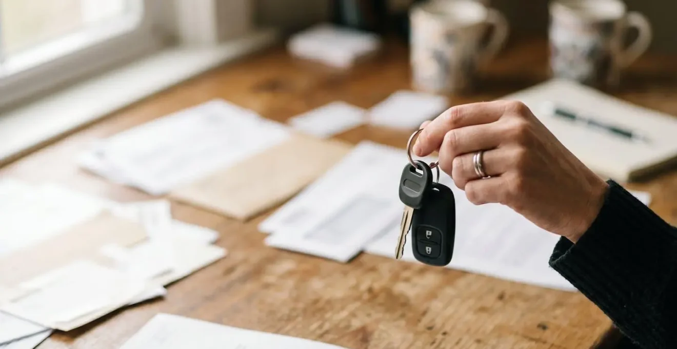 Main tenant des clés de voiture avec documents administratifs flous en arrière-plan