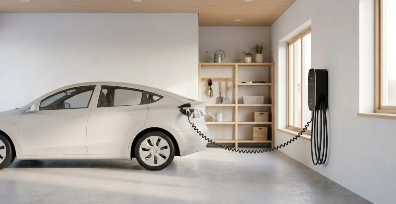 Voiture électrique moderne garée dans un garage privé, connectée à une borne de recharge murale